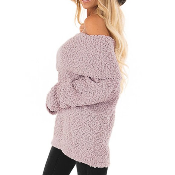 Light Pink Off The Shoulder Comfy Sweater - Picture 3 of 5